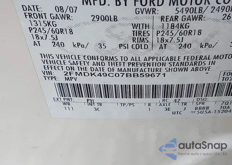 2007 Ford Edge Sel Plus из США, поврежденный, VIN 2FMDK49C07BB59671